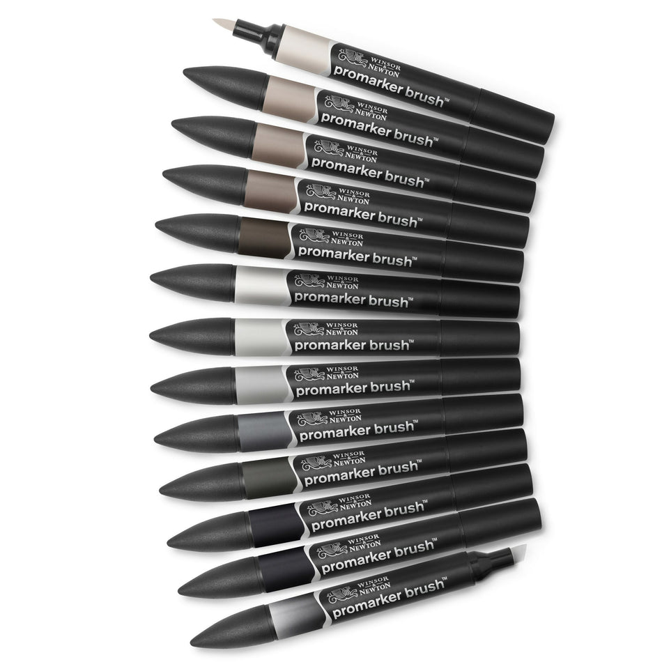 Valokuva tuotteesta Sivellintussi Brush Promarker 12 väriä Greys  W&amp;N, kuuluu tuoteryhmään Taidetarvikkeet.