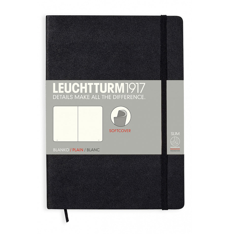 Valokuva tuotteesta Muistikirja A5/121 sivua Leuchtturm1917 Plain Soft Black, tyhjät sivut, kuuluu tuoteryhmään Muistikirjat.