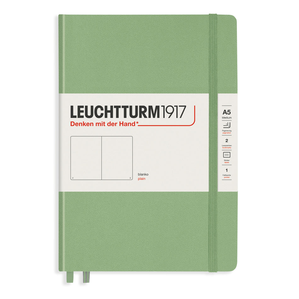 Valokuva tuotteesta Muistikirja A5/251 sivua Leuchtturm1917 Plain Hard Sage, tyhjät sivut, kuuluu tuoteryhmään Muistikirjat.