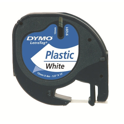 Valokuva tuotteesta Tarrateippi Dymo L-TAG 12mm valkoinen-musta, kuuluu tuoteryhmään Toimistokoneet ja lisätarv. (sis.kohokirjoittimet).