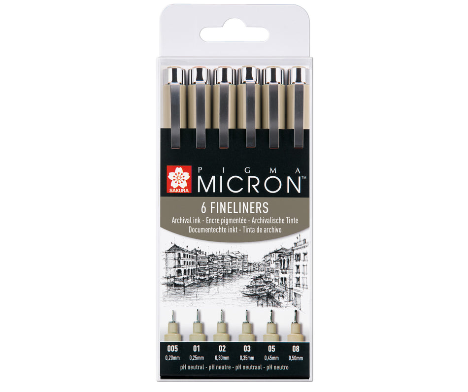 Valokuva tuotteesta Kuitukärkikynä Sakura Micron 6 kpl musta, kuuluu tuoteryhmään Kirjoituskynät säiliöt.