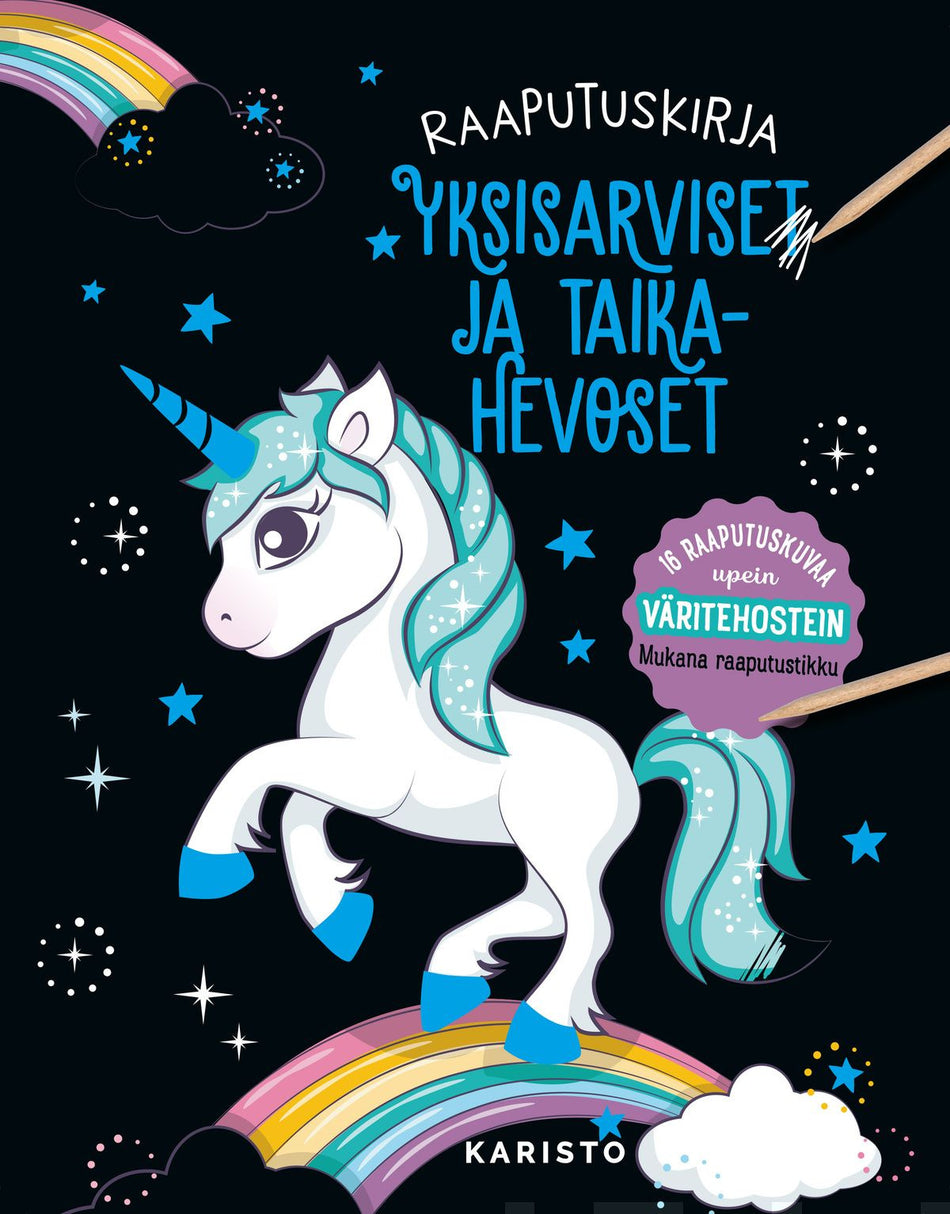 Valokuva kirjasta  Raaputuskirja Yksisarviset ja taikahevoset, kuuluu tuoteryhmään Väritys-puuhakirjat.