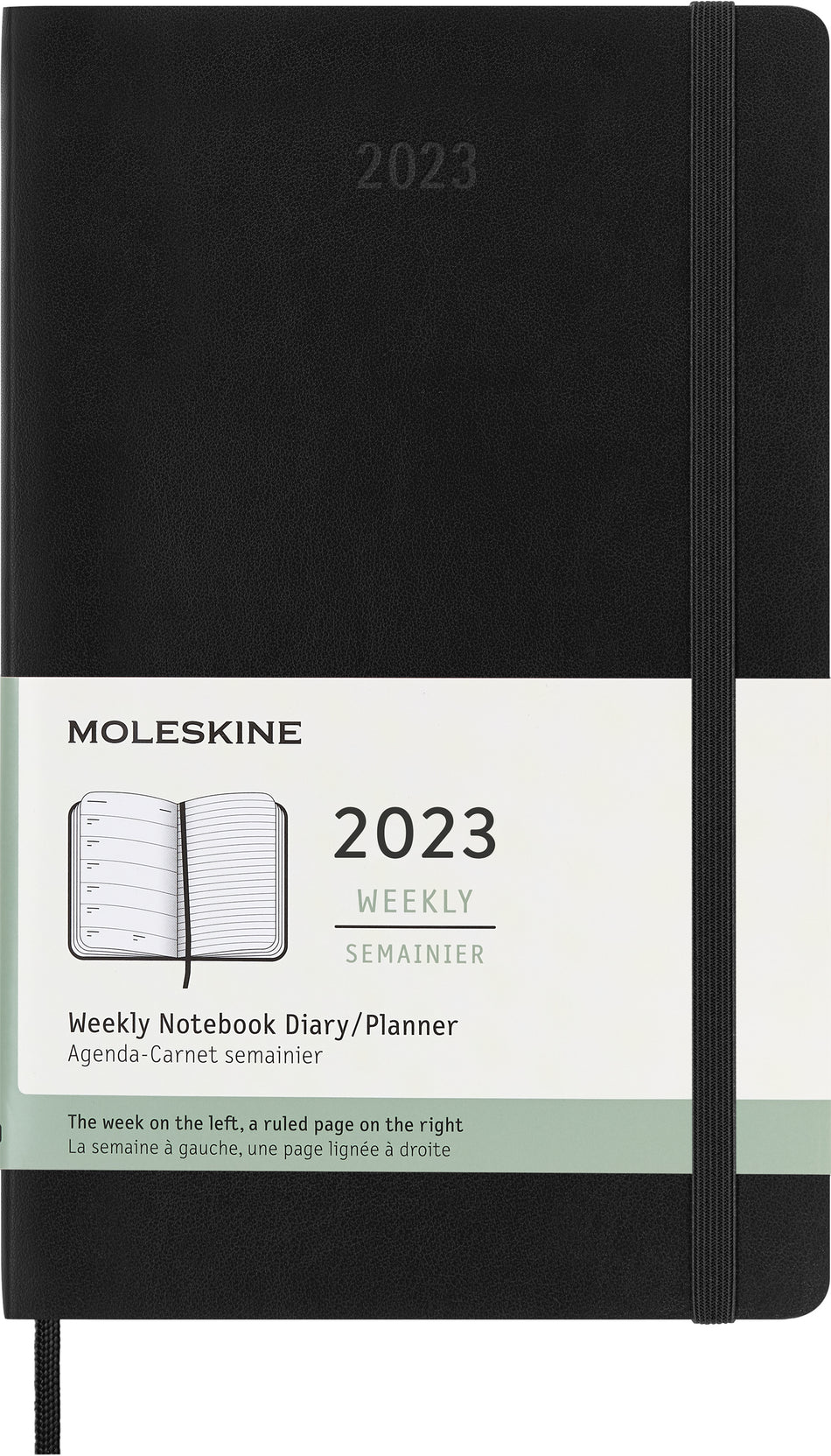 Valokuva tuotteesta Viikkokalenteri Moleskine 12 kk 2023 pehmeäkantinen Large musta, kuuluu tuoteryhmään Tasku- ja pöytäkalenterit.