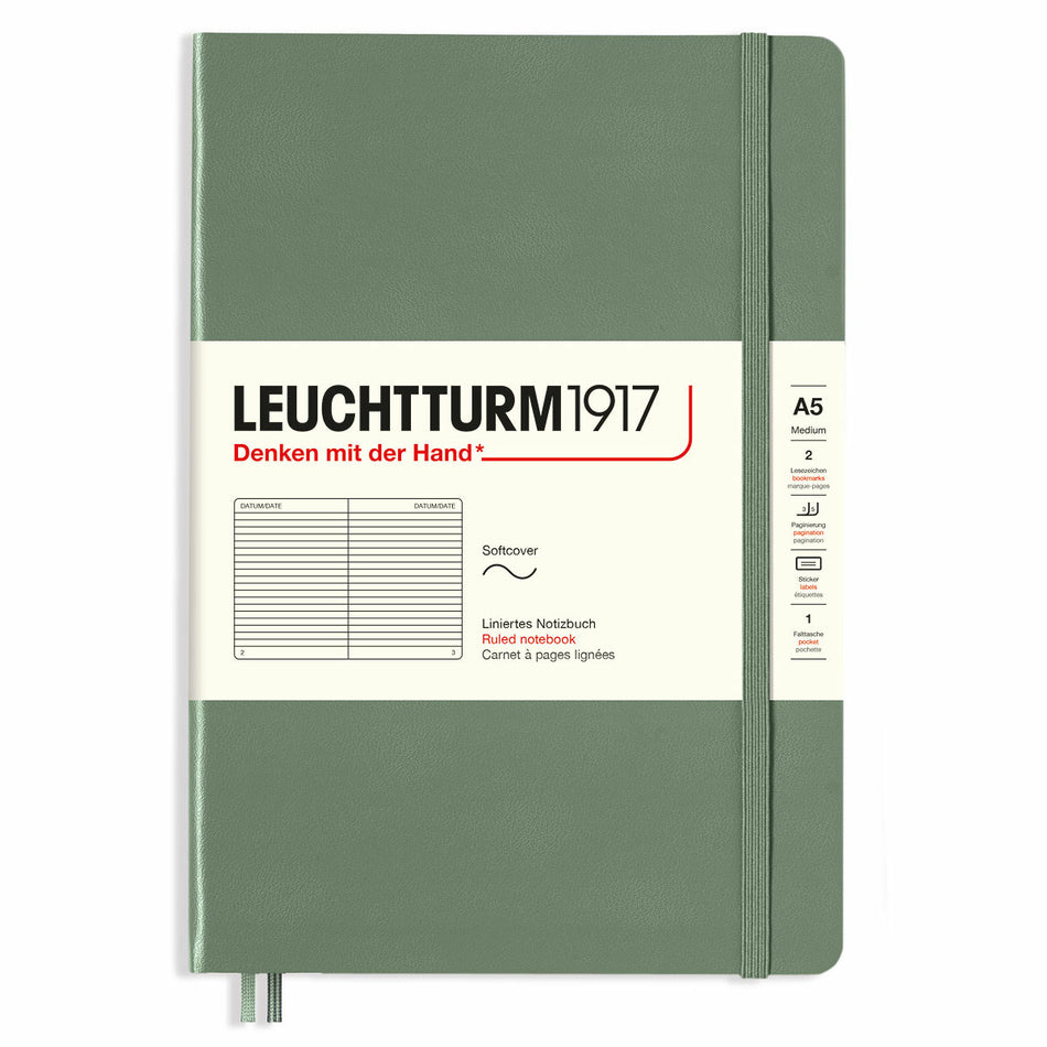 Valokuva tuotteesta Muistikirja A5 Leuchtturm1917 Soft Ruled Olive, pehmeäkantinen viivallinen, kuuluu tuoteryhmään Muistikirjat.