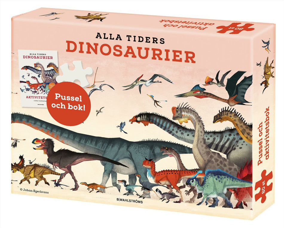 Valokuva kirjasta Johan Egerkrans Alla tiders dinosaurier: aktivitetsbok, plansch och pussel 150 bitar, kuuluu tuoteryhmään Ruots lapset nuoret ja sarjakuvat.