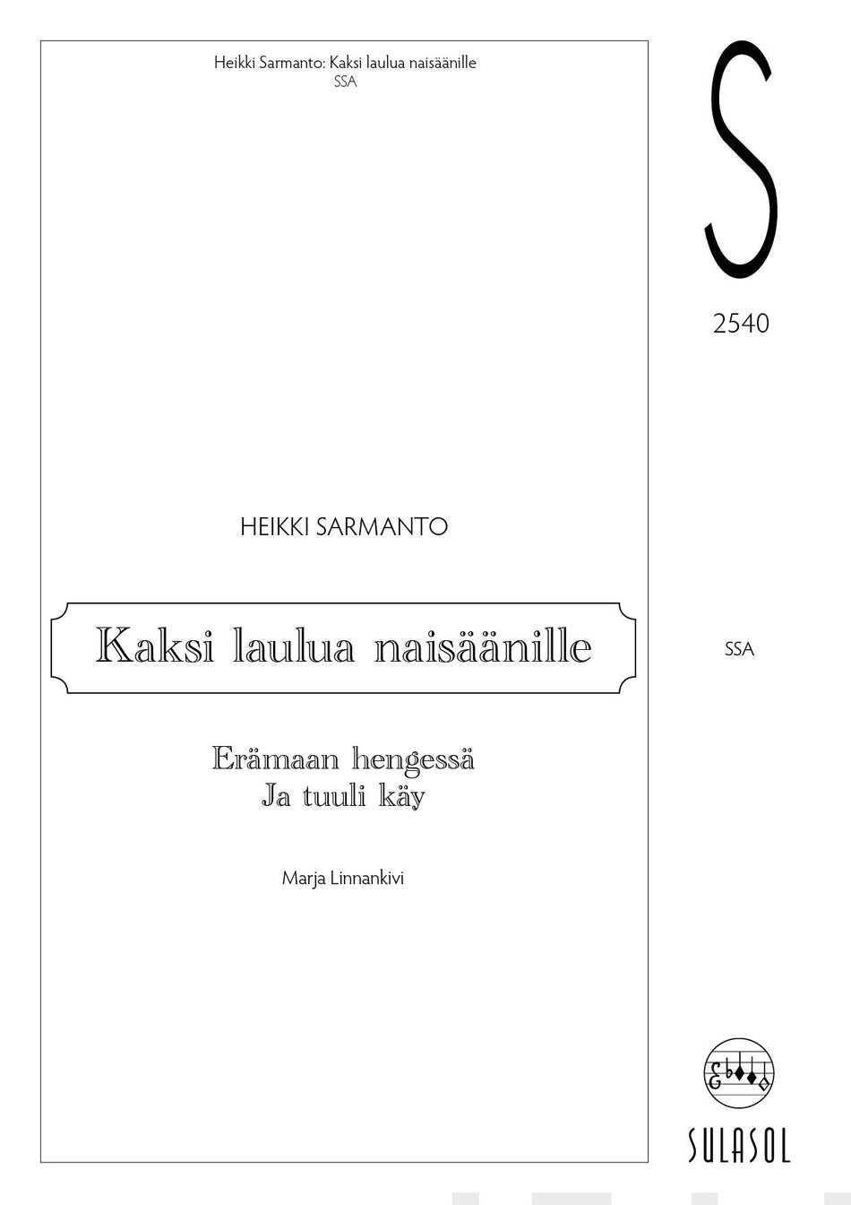 Valokuva kirjasta  Kaksi laulua naisäänille, kuuluu tuoteryhmään Musiikki.