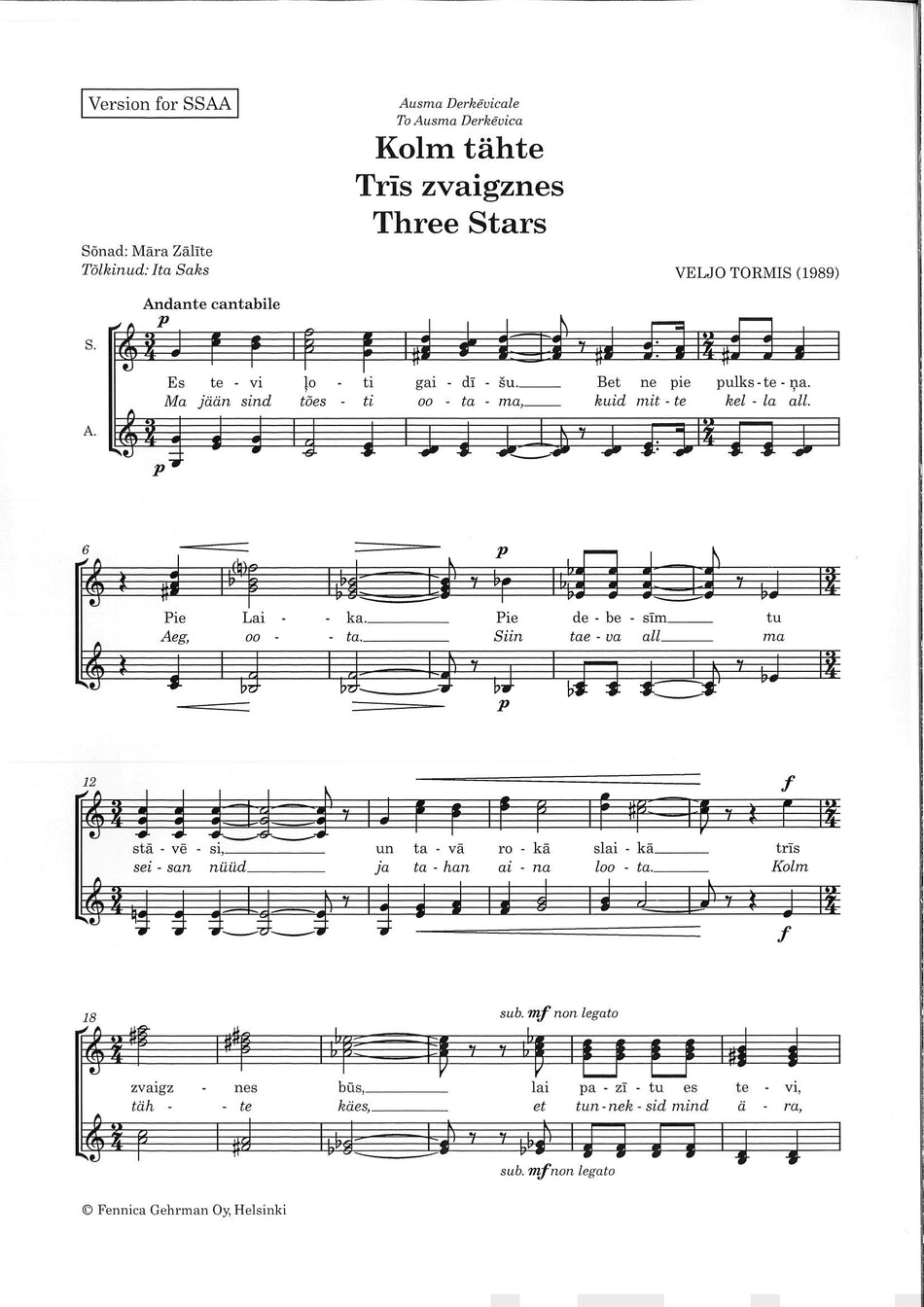 Valokuva kirjasta  Kolm tähte / Trïs zvaigznes / Three Stars (SSAA), kuuluu tuoteryhmään Musiikki.