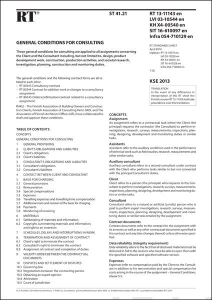 Valokuva kirjasta  RT 13-11143 en, General conditions for consulting KSE 2013, kuuluu tuoteryhmään E-kirjat tieto.