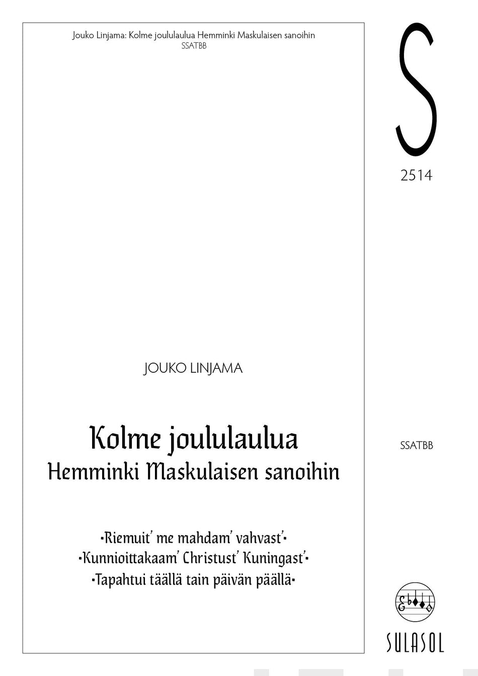 Valokuva kirjasta  Kolme joululaulua Hemminki Maskulaisen sanoihin, kuuluu tuoteryhmään Musiikki.