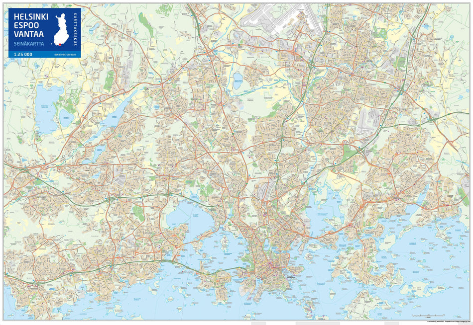 Valokuva kirjasta  Seinäkartta Helsinki, Espoo ja Vantaa, 1:25 000, kuuluu tuoteryhmään Tie- ja opaskartat.