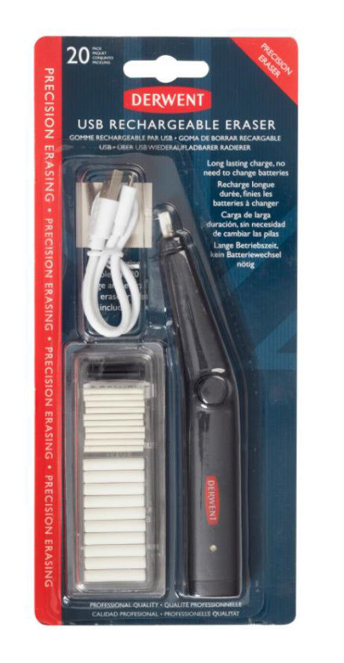 Valokuva tuotteesta Derwent USB-pyyhekumi 10+10 vaihtokumilla, sis myös vaihtokärjen kapeammalle kumille, kuuluu tuoteryhmään Taidetarvikkeet.